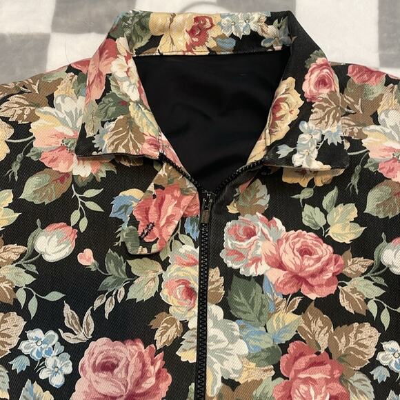 VTG TAPESTRY floral, denim collared, zip up bomber jacket pink black m - Picture 4 of 7
